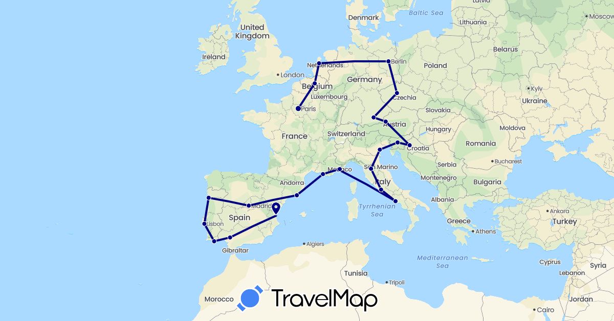 TravelMap itinerary: driving in Austria, Belgium, Czech Republic, Germany, Spain, France, Croatia, Italy, Monaco, Netherlands, Portugal, Slovenia (Europe)